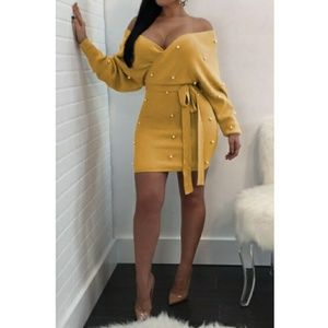 Off the shoulder pearl sweater dress
